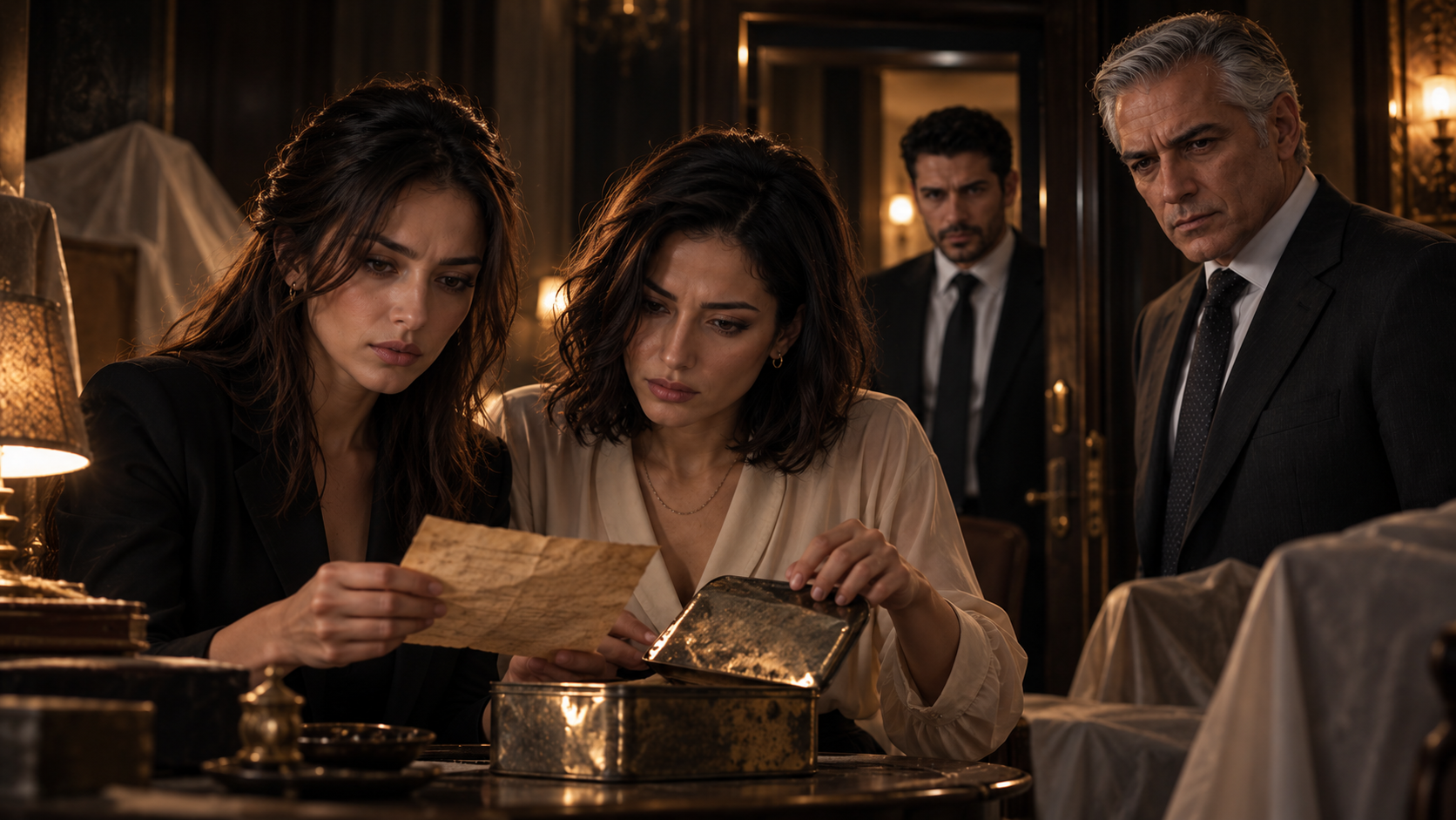 Two women examine a handwritten letter beside an open metal tin as two men watch.