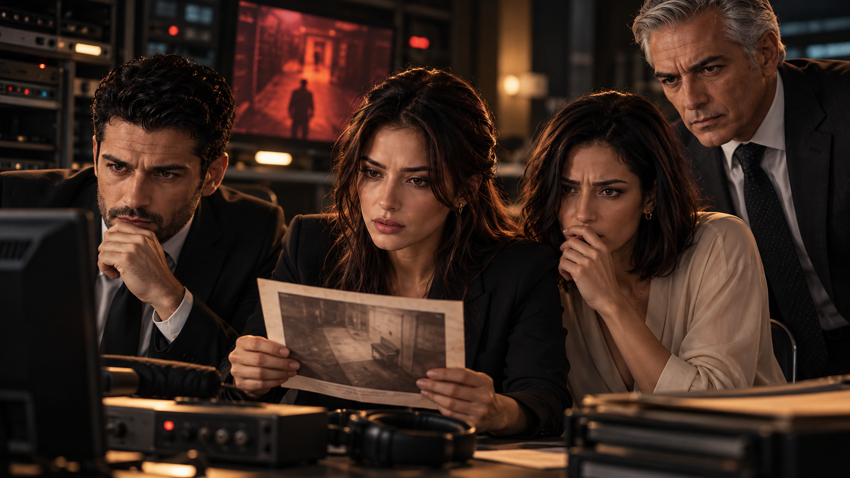 Four people study a photograph at a desk beside surveillance monitors.